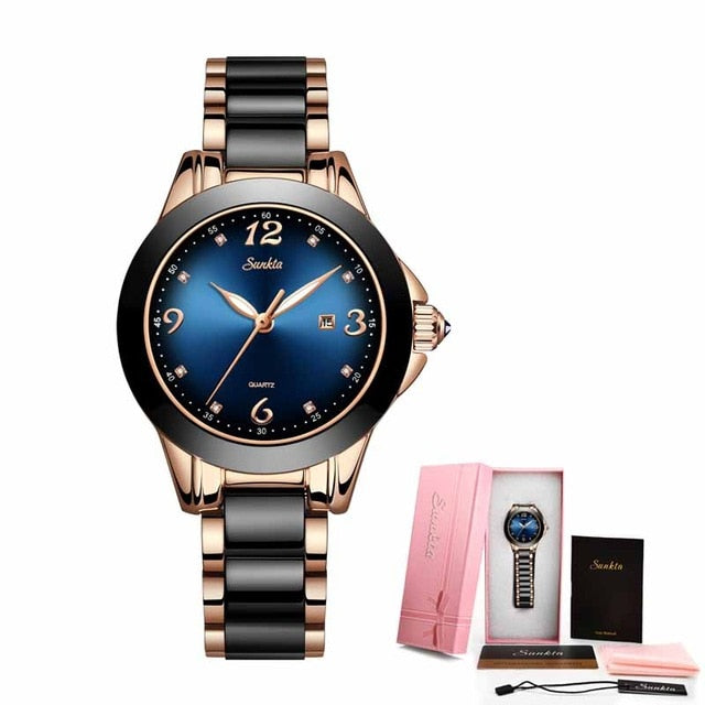 Steel Ceramic Watch Top Brand Luxury Fashion Female Clock+Box