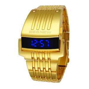 Gold Iron Watch Digital Men Electronic Watches Golden Stainless Steel LED Men's